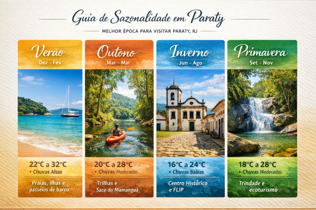 A cidade onde o mar invade as ruas e virou Patrimônio Mundial da UNESCO é Paraty RJ 1 Guia do clima de Paraty RJ com melhores meses para visitar Paraty RJ, Verão outono, primavera e inverno.